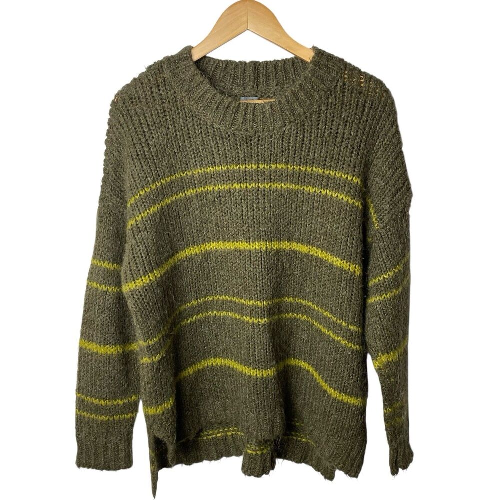 Aerie Oversized Chunky Knit Sweater S Brown Yellow Stripe Mohair Blend Cozy